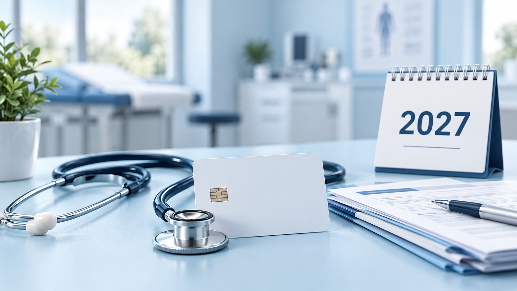 Stethoskop, Gesundheitskarte und Kalender 2027 in einer hellblauen medizinischen Umgebung